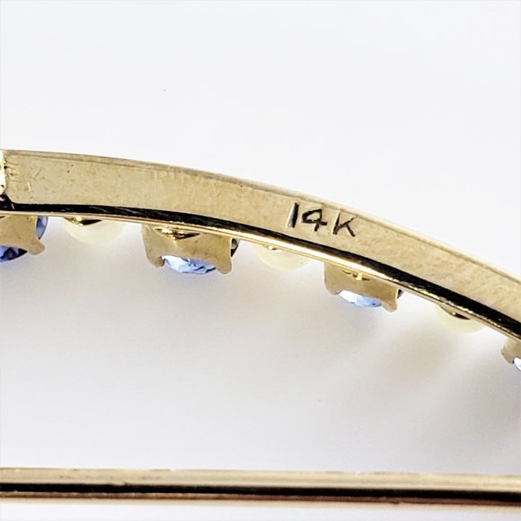 Vintage 14K Yellow Gold Blue Zircon & Pearl Crescent Moon Brooch/Pin GAI #8756 - Picture 6 of 8